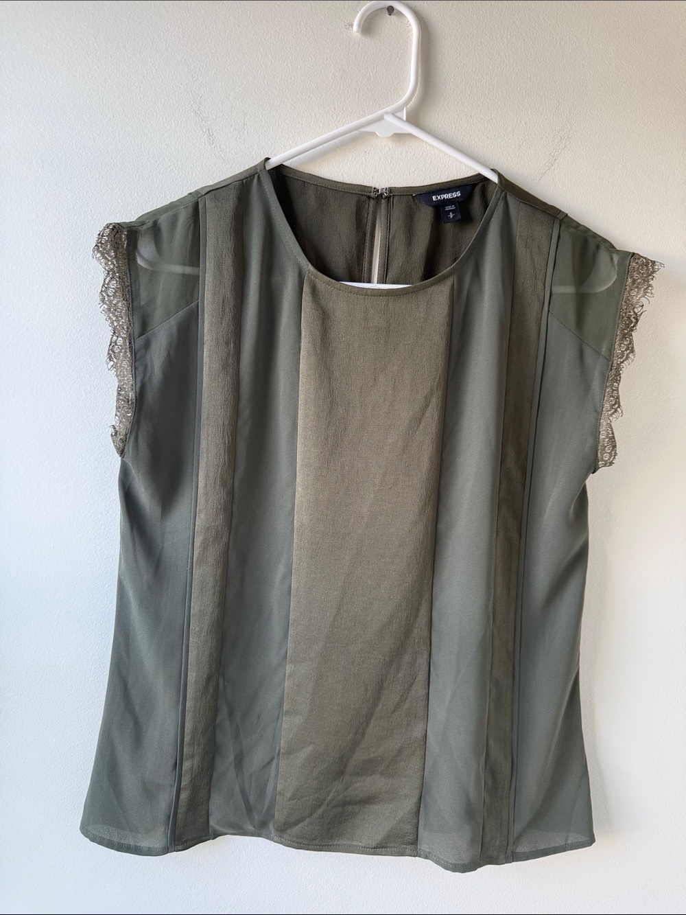 Express Olive Green Lace-Trim Sheer Panel Top